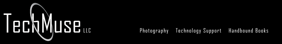 TechMuse LLC Banner with shortcuts to photography, technology support, and handbound books anchors.